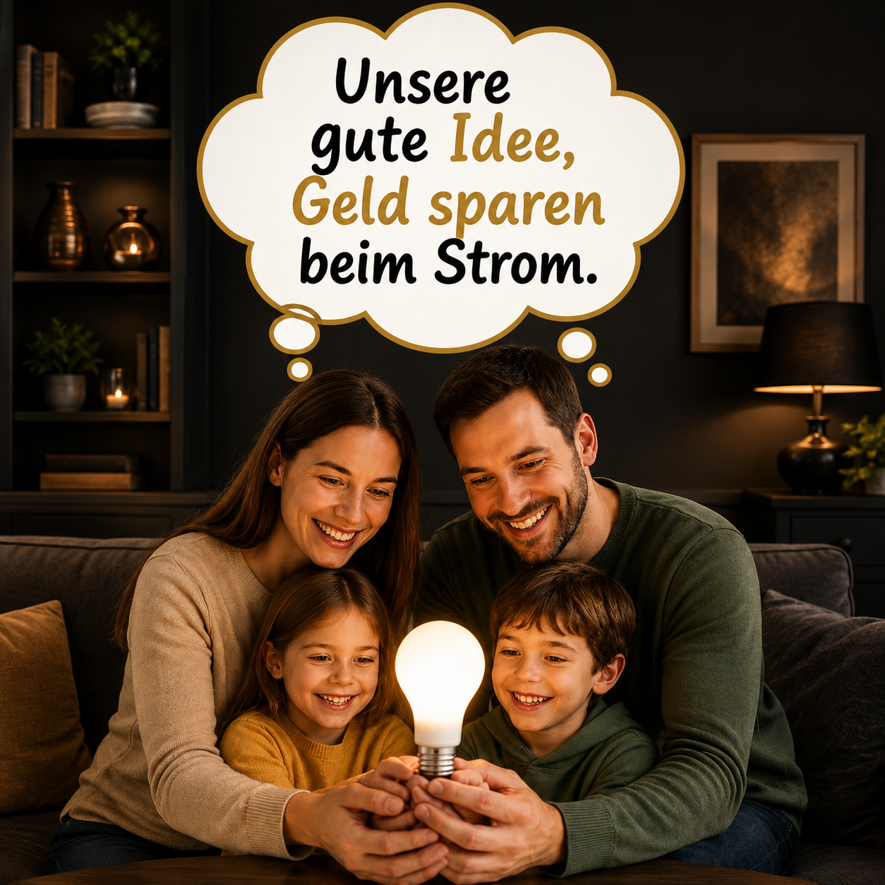 Familie mit leuchtender Glühbirne – Geld sparen beim Strom