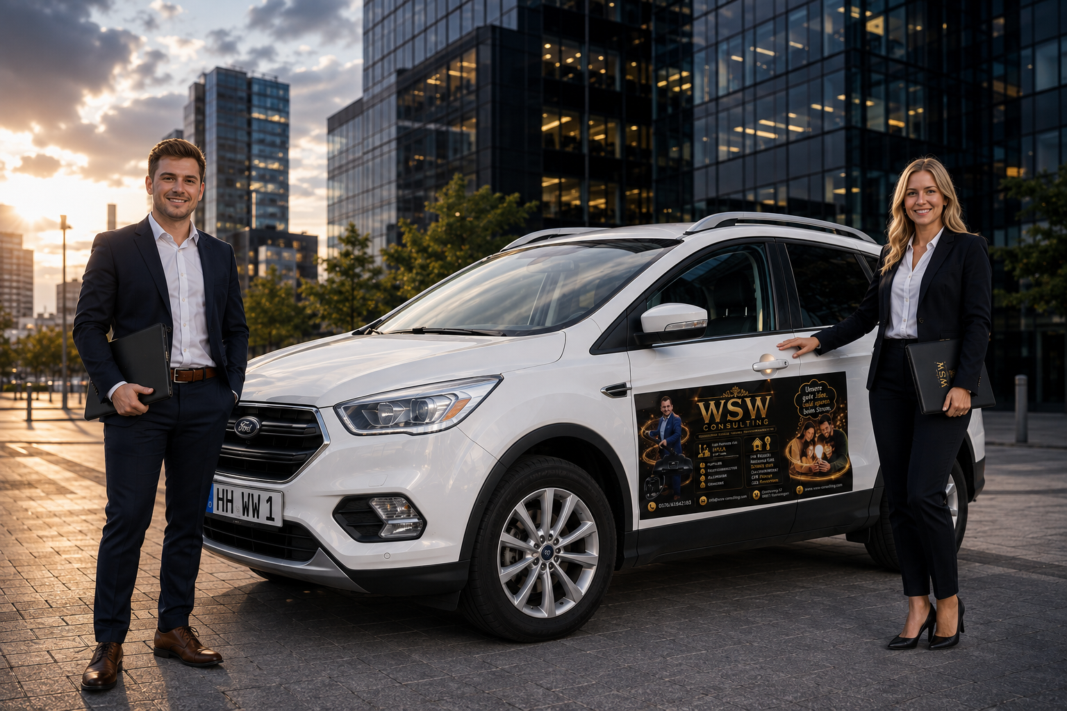 WSW Consulting Außendienst-Team mit Firmenfahrzeug im urbanen Business-Umfeld